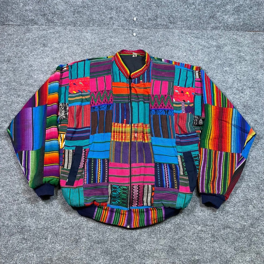 Vintage Handmade Guatemala Patchwork Cotton Bomber Jacket Multi-Color Mens XL